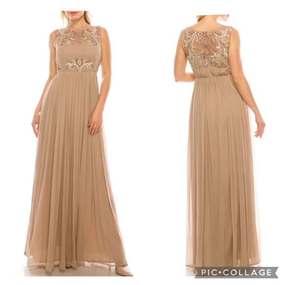 Aidan Mattox boat neck sleeveless ruched embellished chiffon gown - Picture 3 of 8